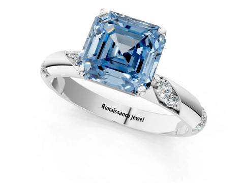 White gold Fancy Blue Asscher Cut Solitaire Diamond Engagement Ring with Twisted Pave Band and Four-Prong Setting_20