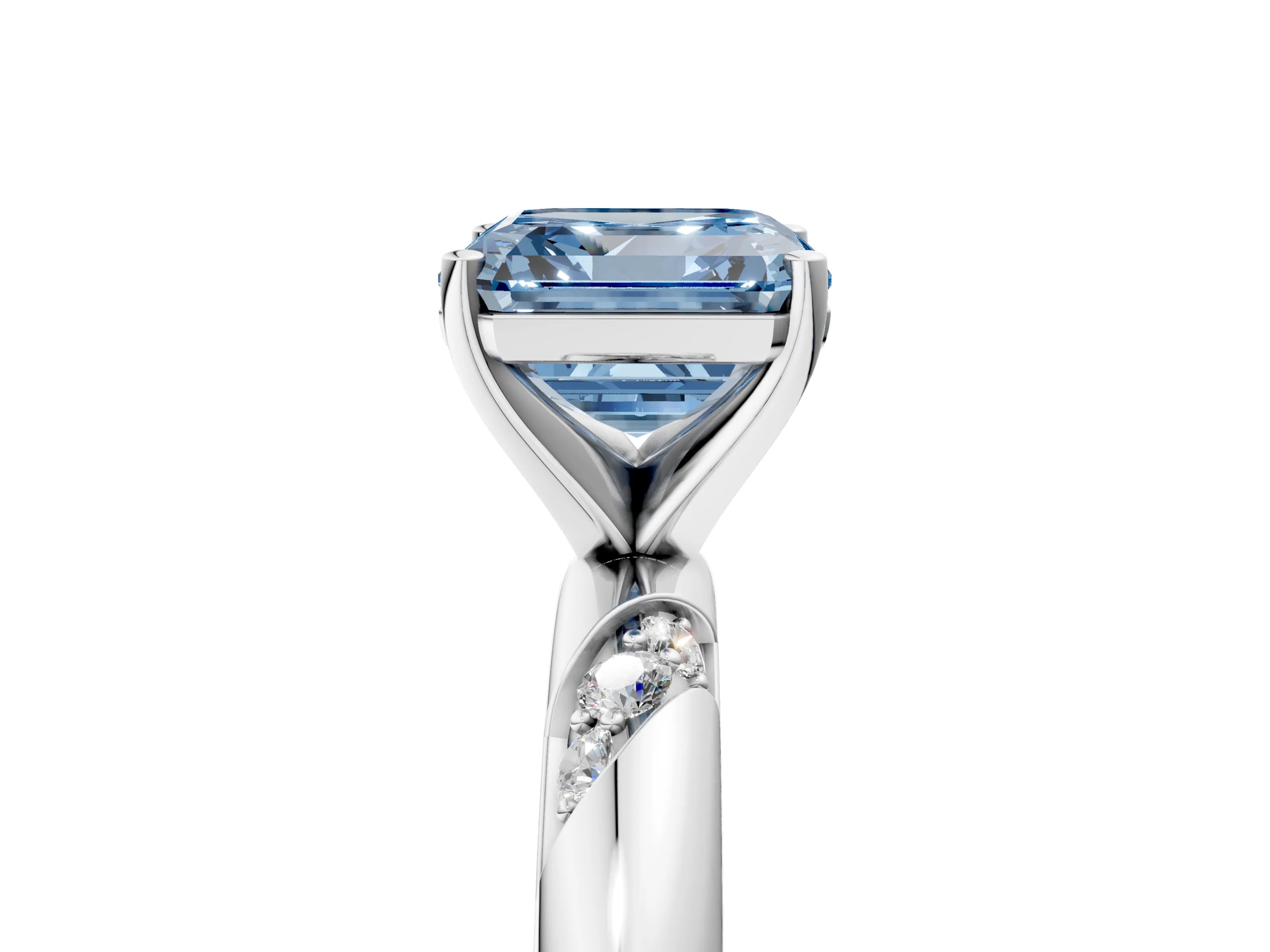 White gold Fancy Blue Asscher Cut Solitaire Diamond Engagement Ring with Twisted Pave Band and Four-Prong Setting_24