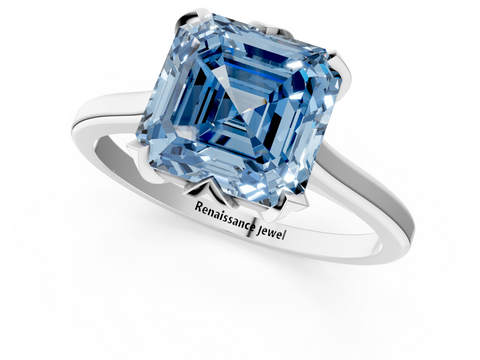 White gold Fancy Blue Asscher  Cut Solitaire Diamond Ring with Flower-Prong Setting and Classic Band_69