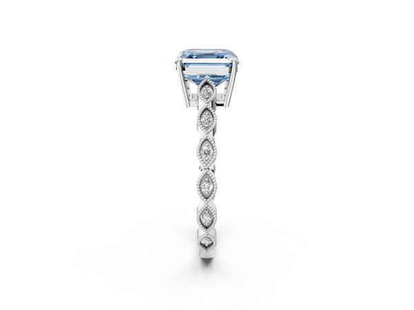 White gold Fancy Blue Asscher Cut Solitaire Diamond Ring with Infinity Twist Band and Four-Prong Setting