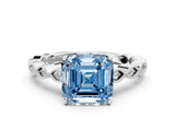 White gold Fancy Blue Asscher Cut Solitaire Diamond Ring with Infinity Twist Band and Four-Prong Setting