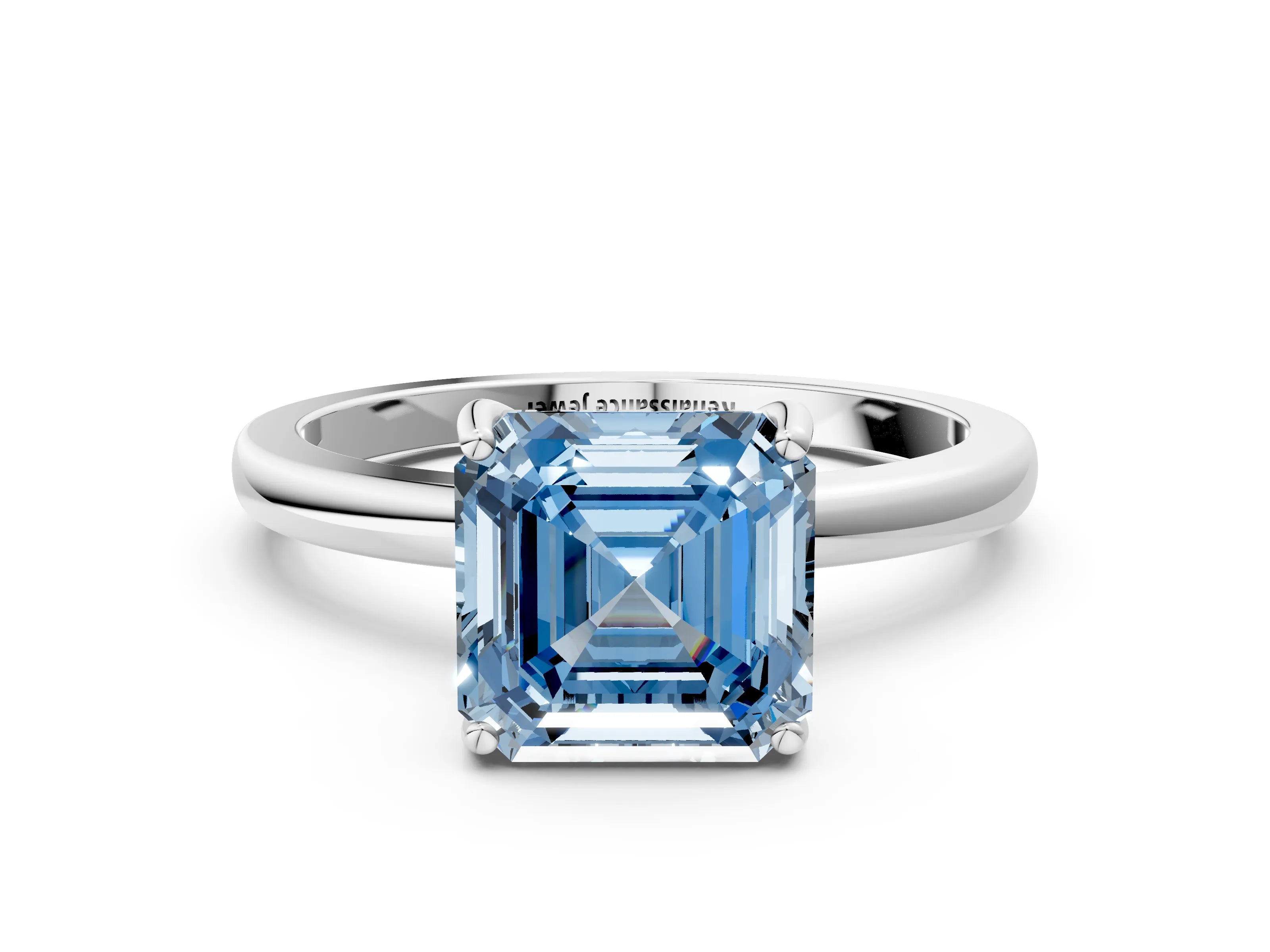 White gold Fancy Blue Asscher Cut Solitaire Diamond Ring with Prong Setting and Plain Band_12
