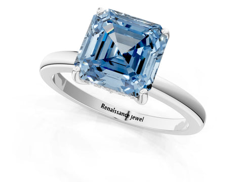 White gold Fancy Blue Asscher Cut Solitaire Diamond Ring with Prong Setting and Plain Band_13