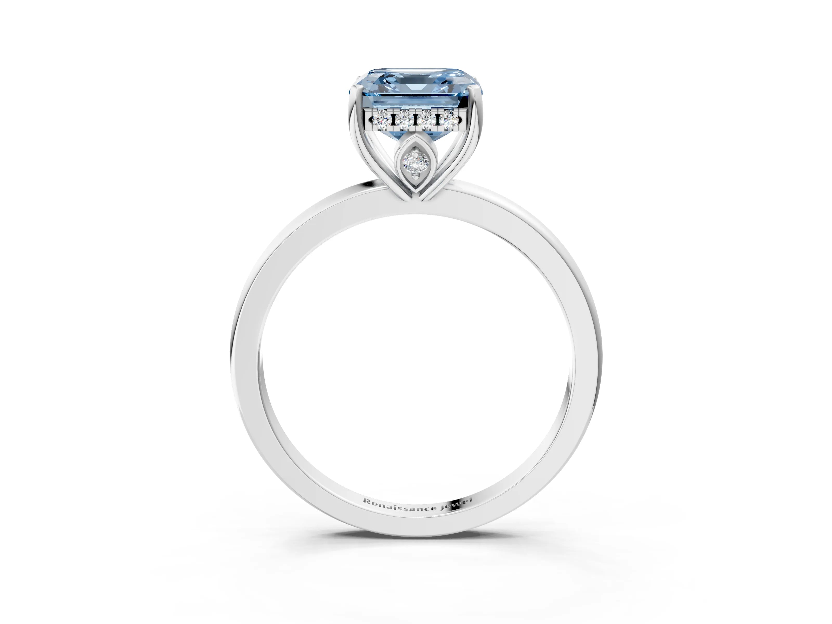 White gold Fancy Blue Asscher Cut Solitaire Diamond Ring with Prong Setting and Plain Band_15