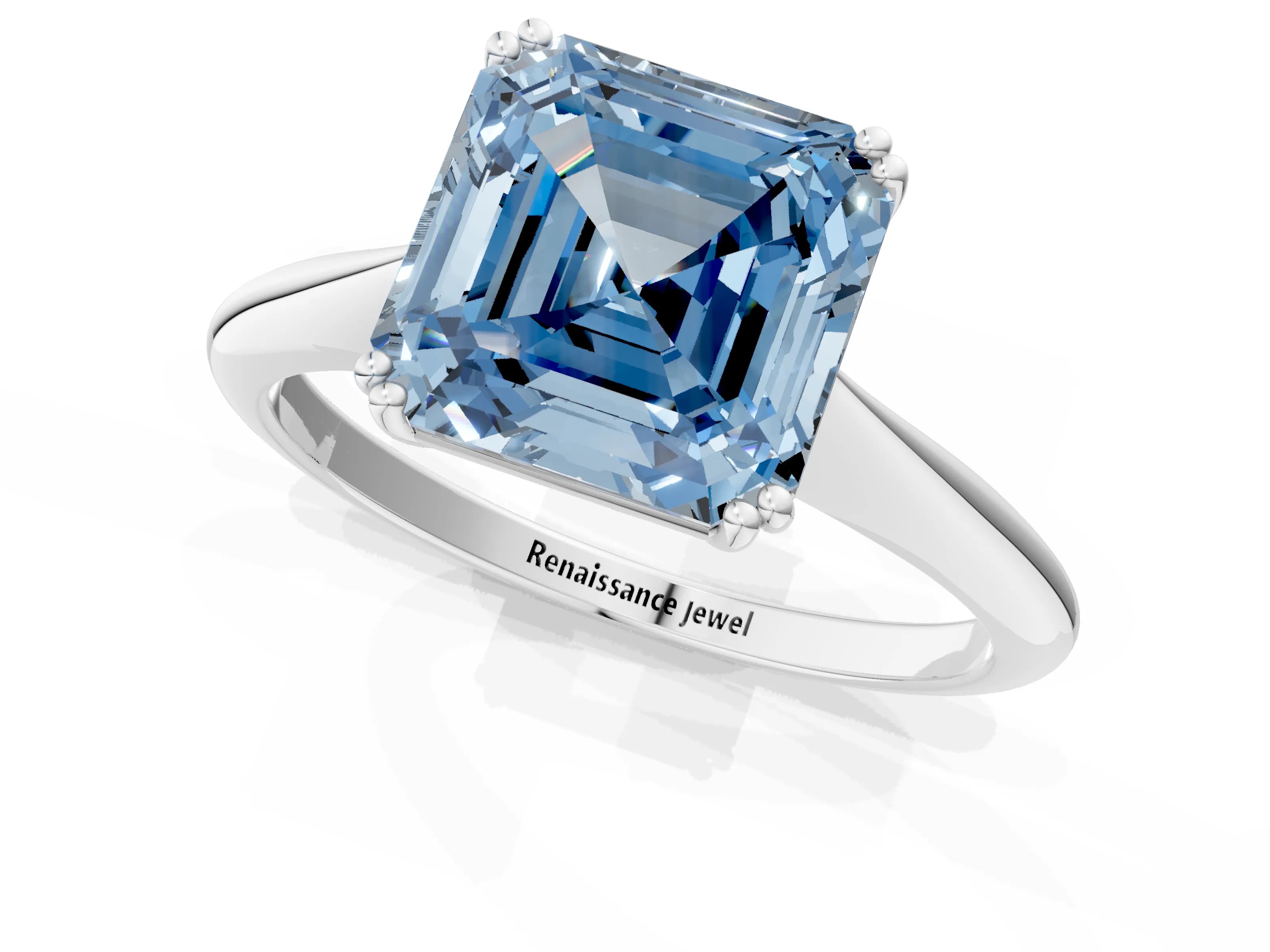 White gold Fancy Blue Asscher Cut Solitaire Diamond Ring with Six-Prong Setting and Classic Band_1