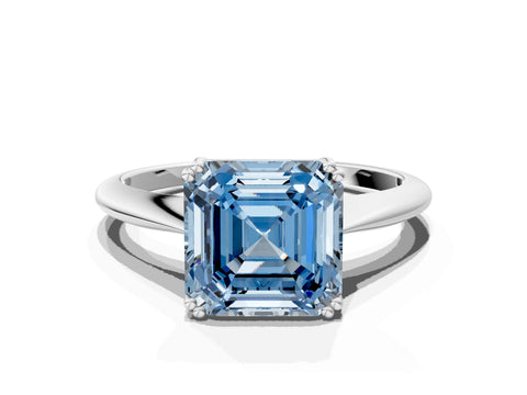 White gold Fancy Blue Asscher Cut Solitaire Diamond Ring with Six-Prong Setting and Classic Band