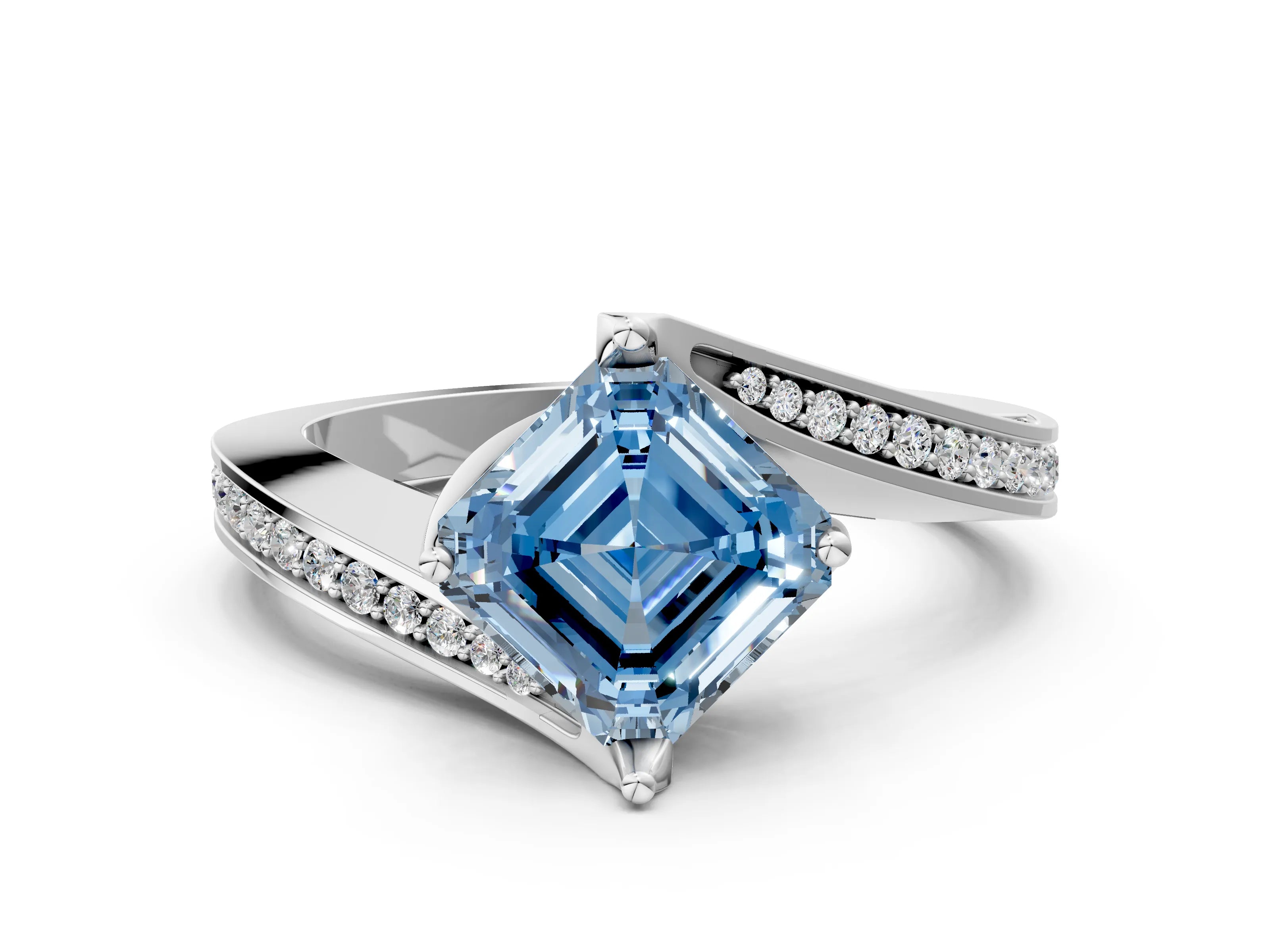 White gold Fancy Blue Asscher Cut Solitaire Diamond Twist Band with Pavé Setting and Four-Prong Setting_12