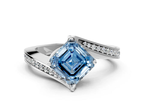 White gold Fancy Blue Asscher Cut Solitaire Diamond Twist Band with Pavé Setting and Four-Prong Setting_12