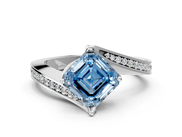 White gold Fancy Blue Asscher Cut Solitaire Diamond Twist Band with Pavé Setting and Four-Prong Setting