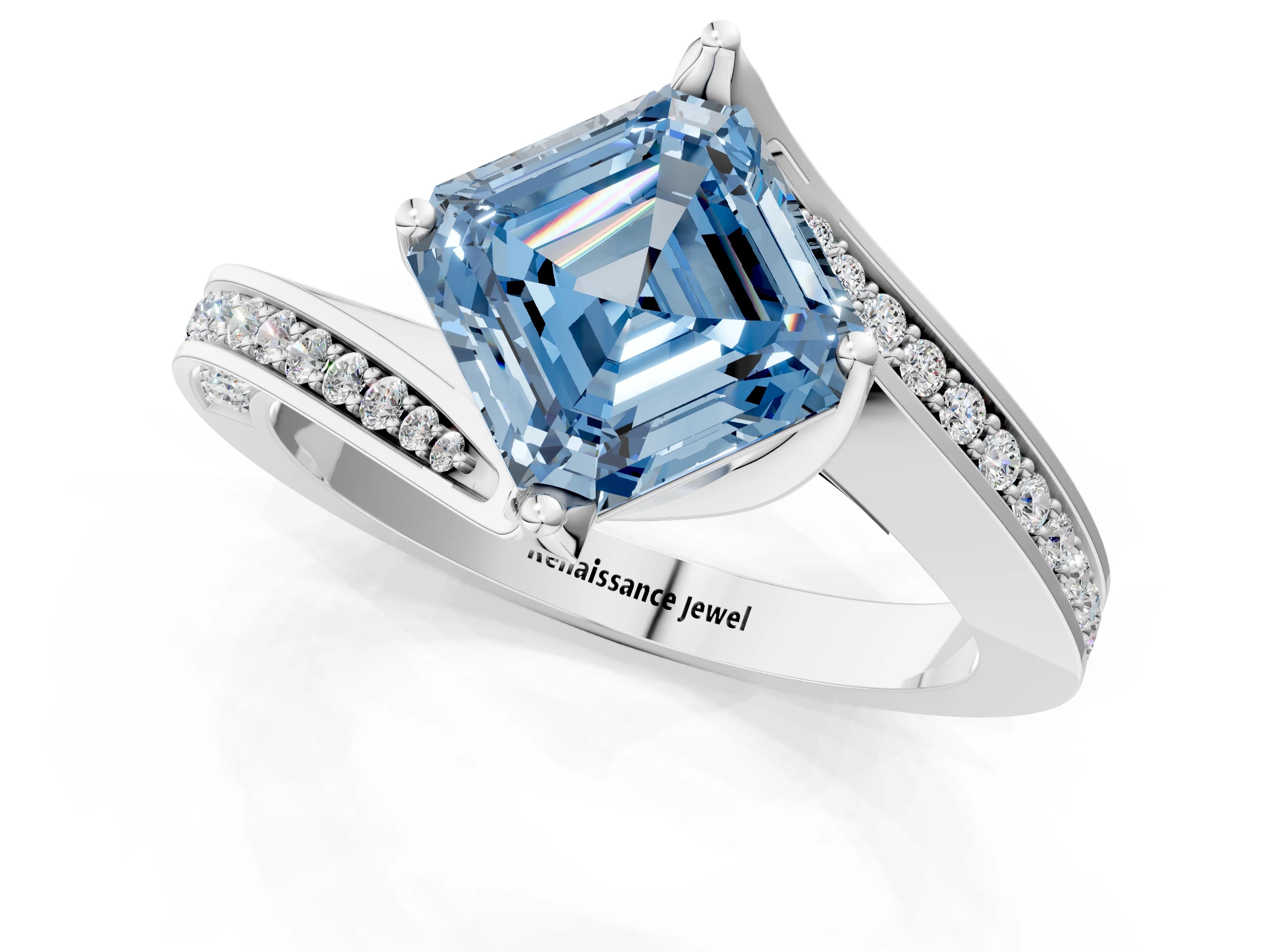 White gold Fancy Blue Asscher Cut Solitaire Diamond Twist Band with Pavé Setting and Four-Prong Setting_13