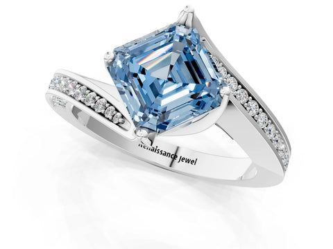 White gold Fancy Blue Asscher Cut Solitaire Diamond Twist Band with Pavé Setting and Four-Prong Setting_13