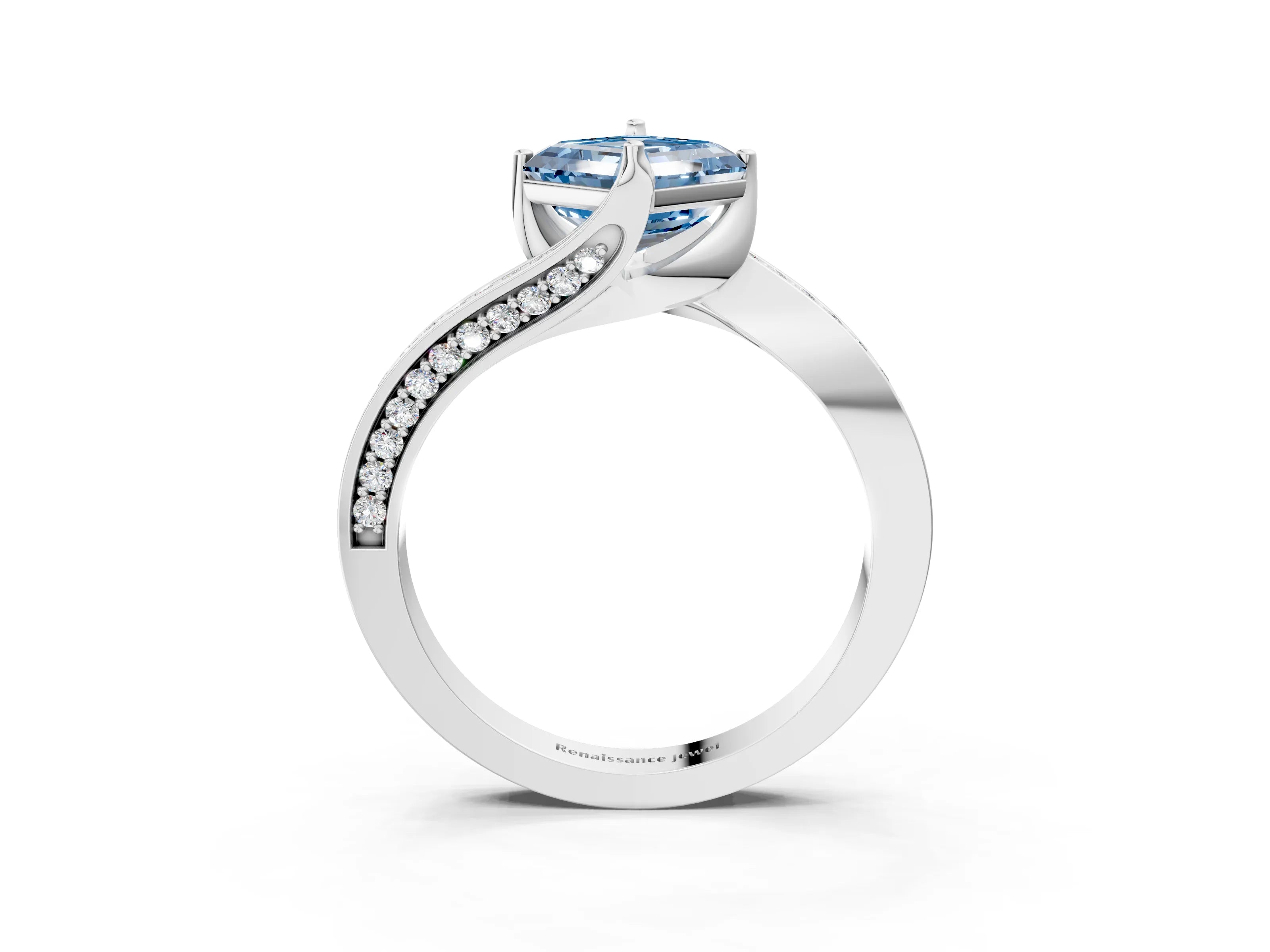 White gold Fancy Blue Asscher Cut Solitaire Diamond Twist Band with Pavé Setting and Four-Prong Setting_15
