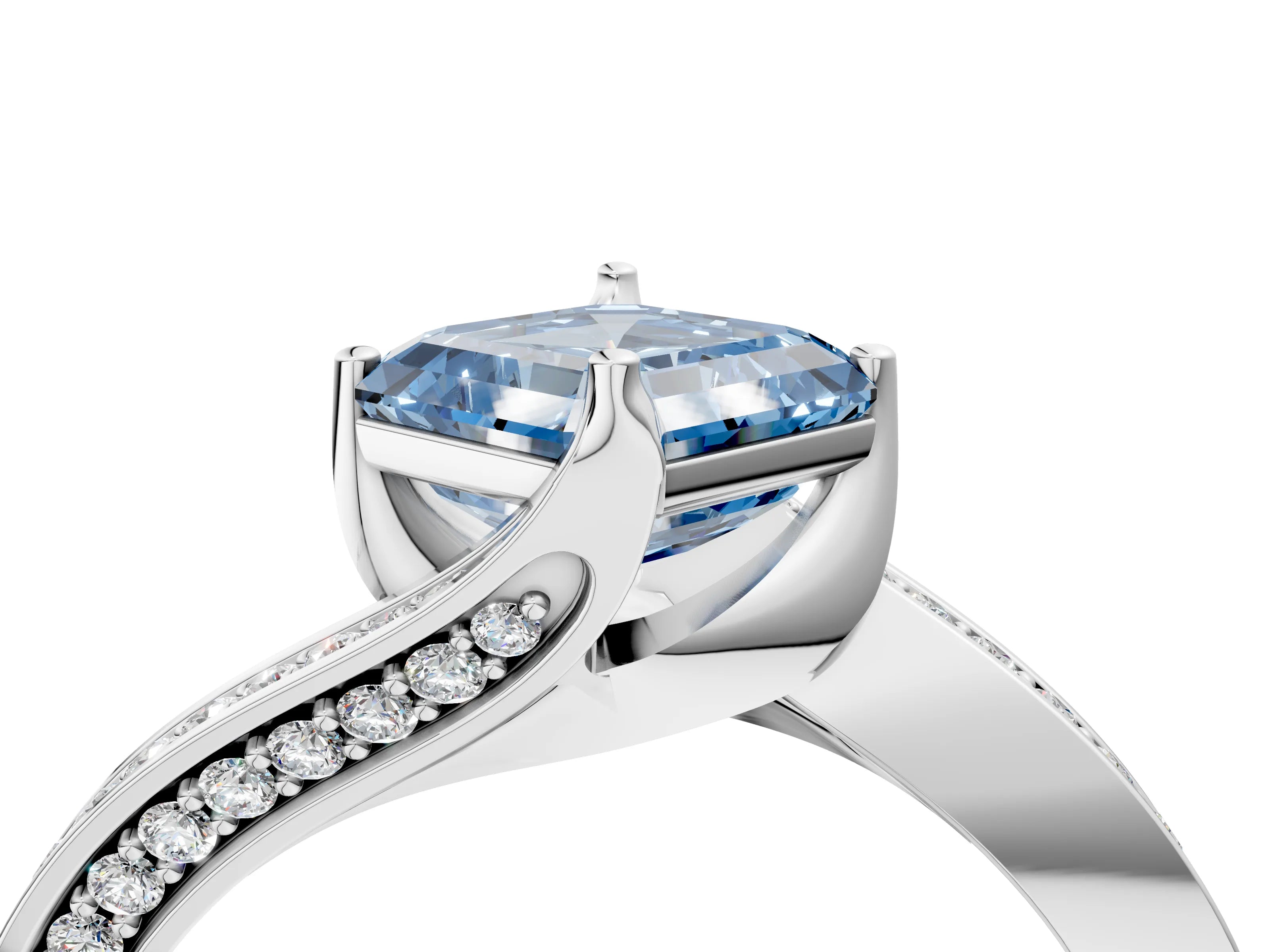 White gold Fancy Blue Asscher Cut Solitaire Diamond Twist Band with Pavé Setting and Four-Prong Setting_16