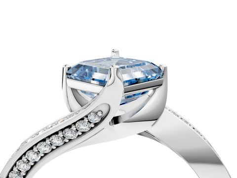White gold Fancy Blue Asscher Cut Solitaire Diamond Twist Band with Pavé Setting and Four-Prong Setting_16