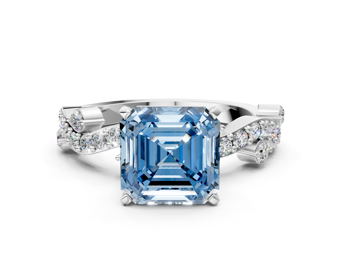 White gold Fancy Blue Asscher  Cut Solitaire Diamond Twisted Band with Pave Setting_17