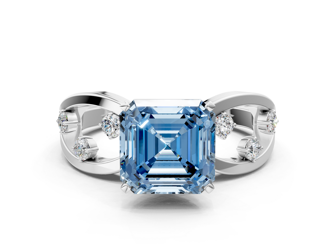 White gold Fancy Blue Asscher  Cut Solitaire Diamond with Side Stones on Criss-Cross Band and Four-Prong Setting_17