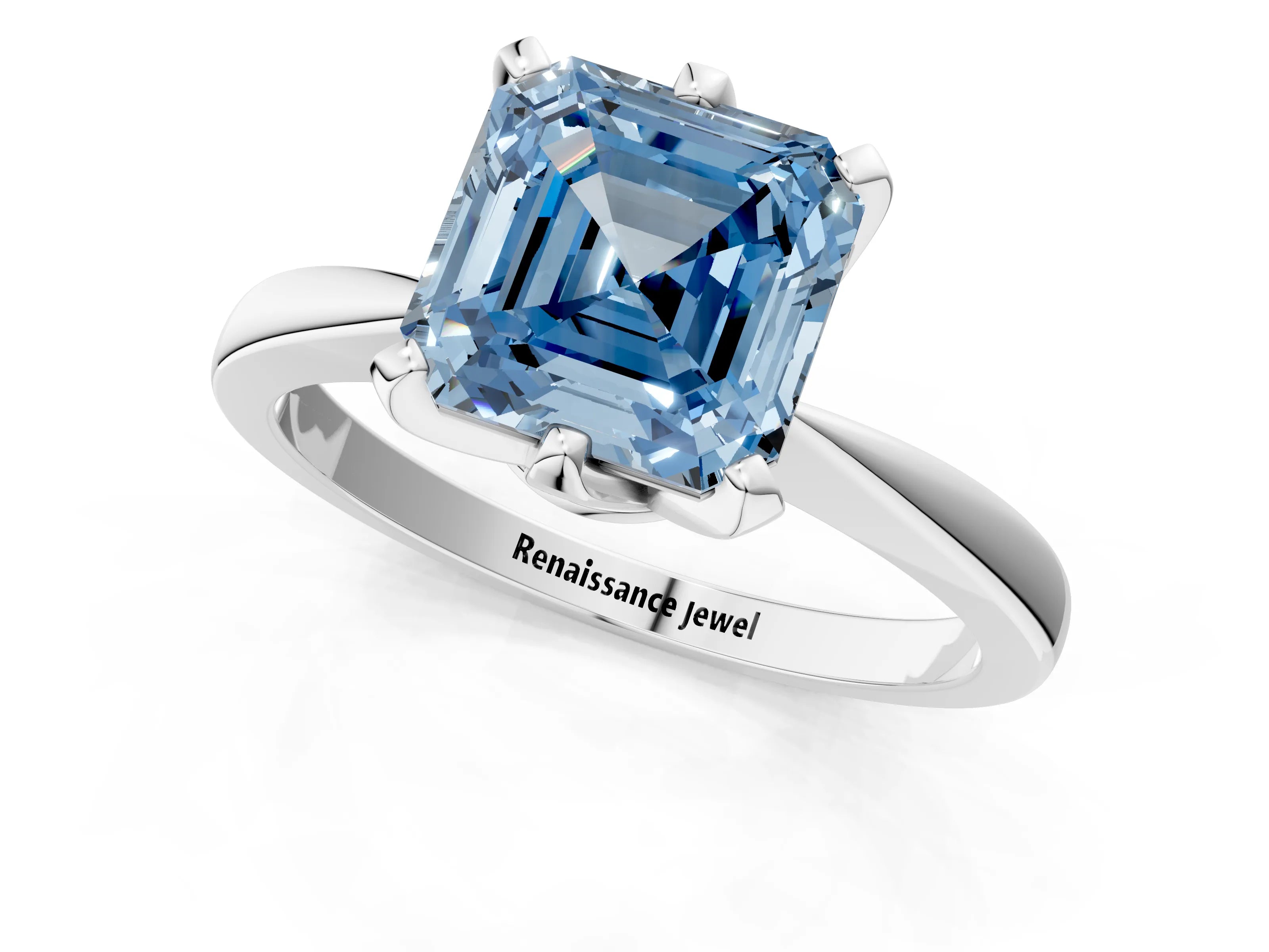 White gold Fancy Blue Asscher Cut Solitaire Engagement Ring with Six-Prong Setting and Tapered Band_1
