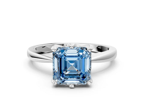 White gold Fancy Blue Asscher Cut Solitaire Engagement Ring with Six-Prong Setting and Tapered Band
