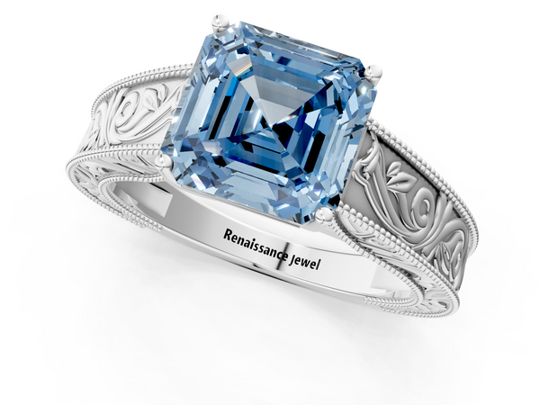 Sterling Silver Asscher Cut Vintage Engraved Solitaire Engagement Ring Setting for Fancy Blue Center