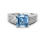 White gold Fancy Blue Asscher  Cut Solitaire Engraved Band with Four-Prong Setting