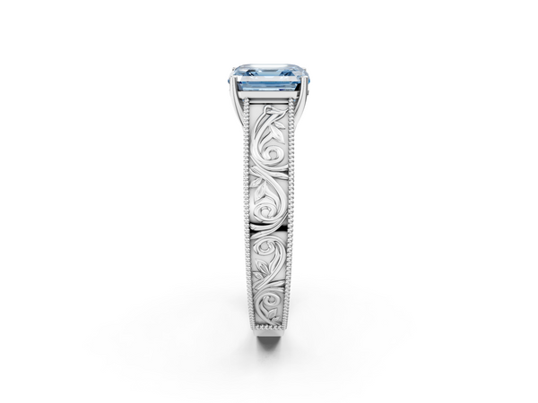 Sterling Silver Asscher Cut Vintage Engraved Solitaire Engagement Ring Setting for Fancy Blue Center