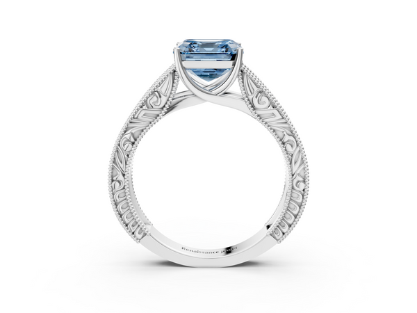 Sterling Silver Asscher Cut Vintage Engraved Solitaire Engagement Ring Setting for Fancy Blue Center