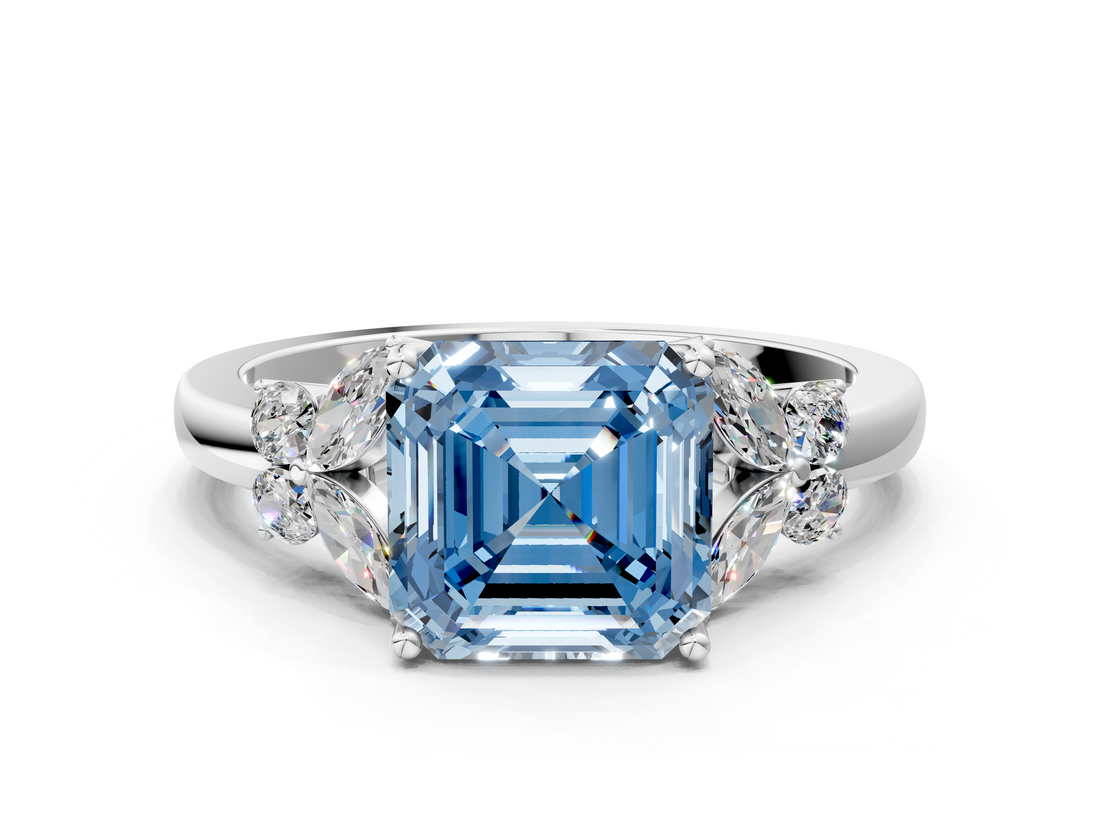 White gold Fancy Blue Asscher  Cut Solitaire Floral Diamond Ring with Four-Prong Setting_6