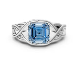 White gold Fancy Blue Asscher Cut Solitaire Intertwined Band Prong Setting Ring