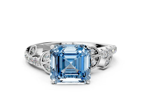 White gold Fancy Blue Asscher Cut Solitaire Leaf-Inspired Diamond Ring with Pavé Band and Four-Prong Setting_12