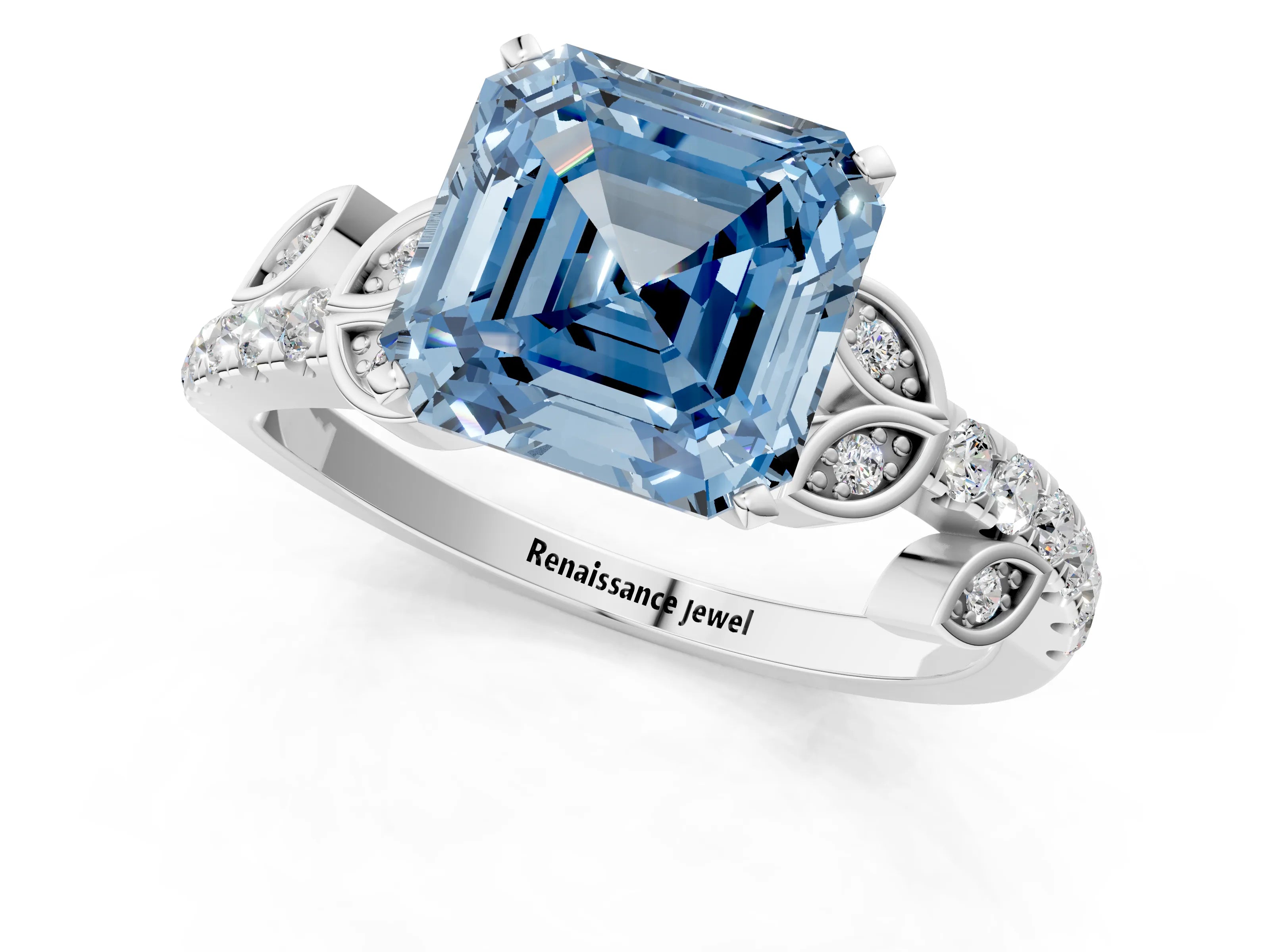 White gold Fancy Blue Asscher Cut Solitaire Leaf-Inspired Diamond Ring with Pavé Band and Four-Prong Setting_13