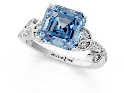 White gold Fancy Blue Asscher Cut Solitaire Leaf-Inspired Diamond Ring with Pavé Band and Four-Prong Setting_13