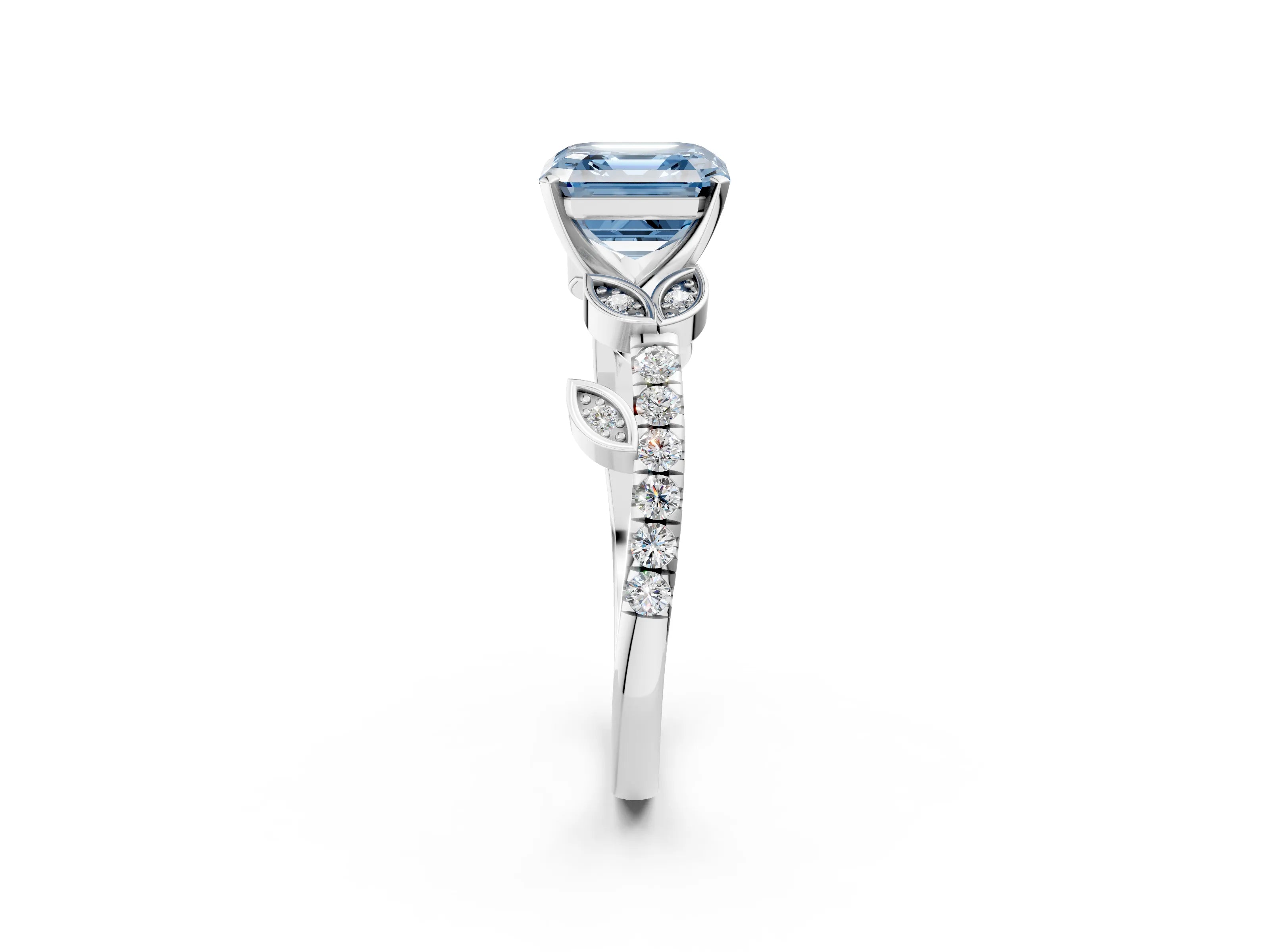 White gold Fancy Blue Asscher Cut Solitaire Leaf-Inspired Diamond Ring with Pavé Band and Four-Prong Setting_14