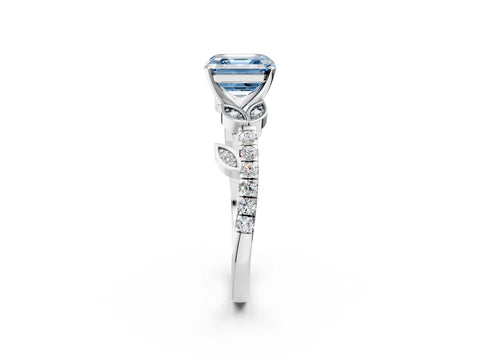 White gold Fancy Blue Asscher Cut Solitaire Leaf-Inspired Diamond Ring with Pavé Band and Four-Prong Setting_14