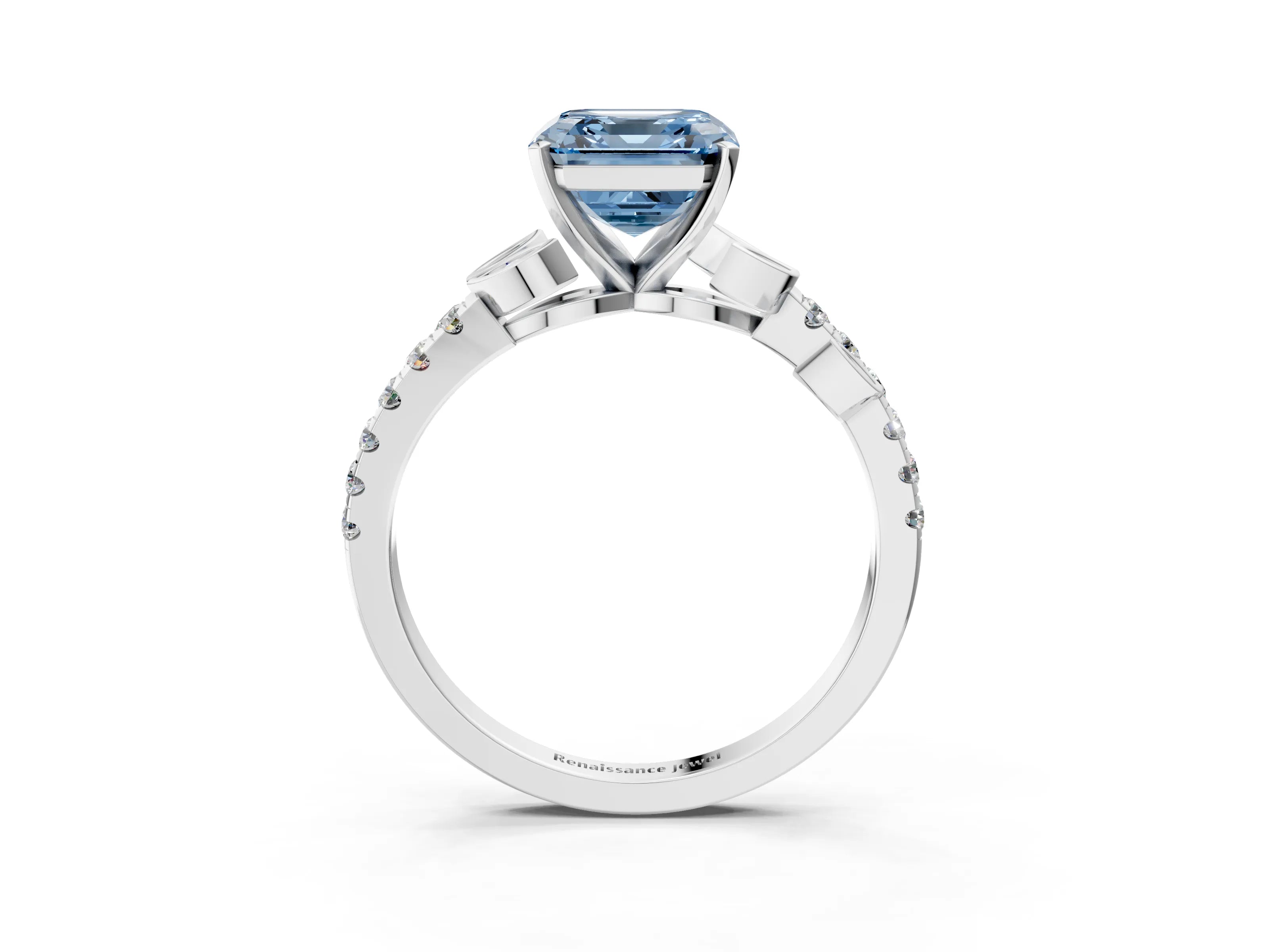 White gold Fancy Blue Asscher Cut Solitaire Leaf-Inspired Diamond Ring with Pavé Band and Four-Prong Setting_15