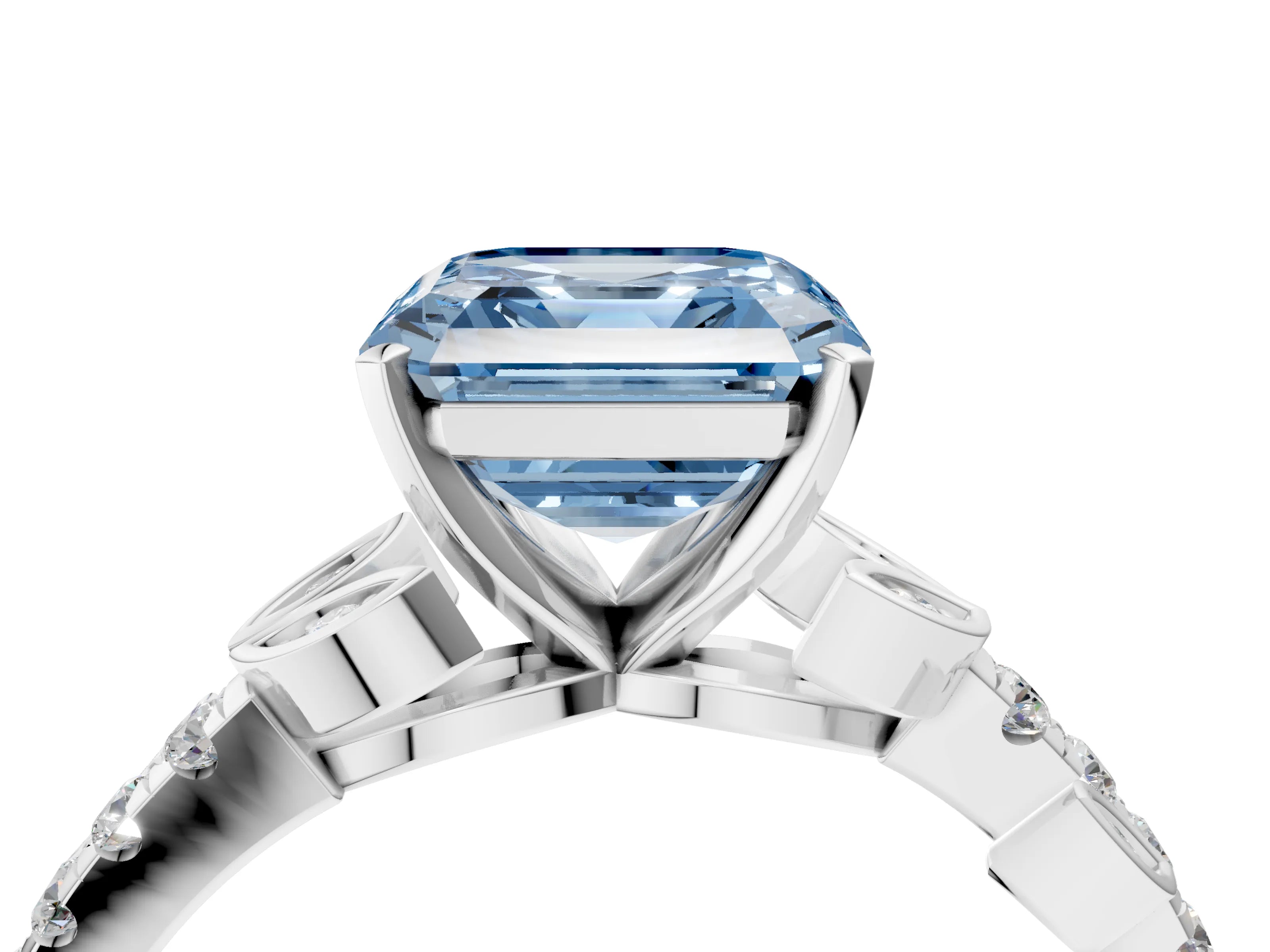 White gold Fancy Blue Asscher Cut Solitaire Leaf-Inspired Diamond Ring with Pavé Band and Four-Prong Setting_16
