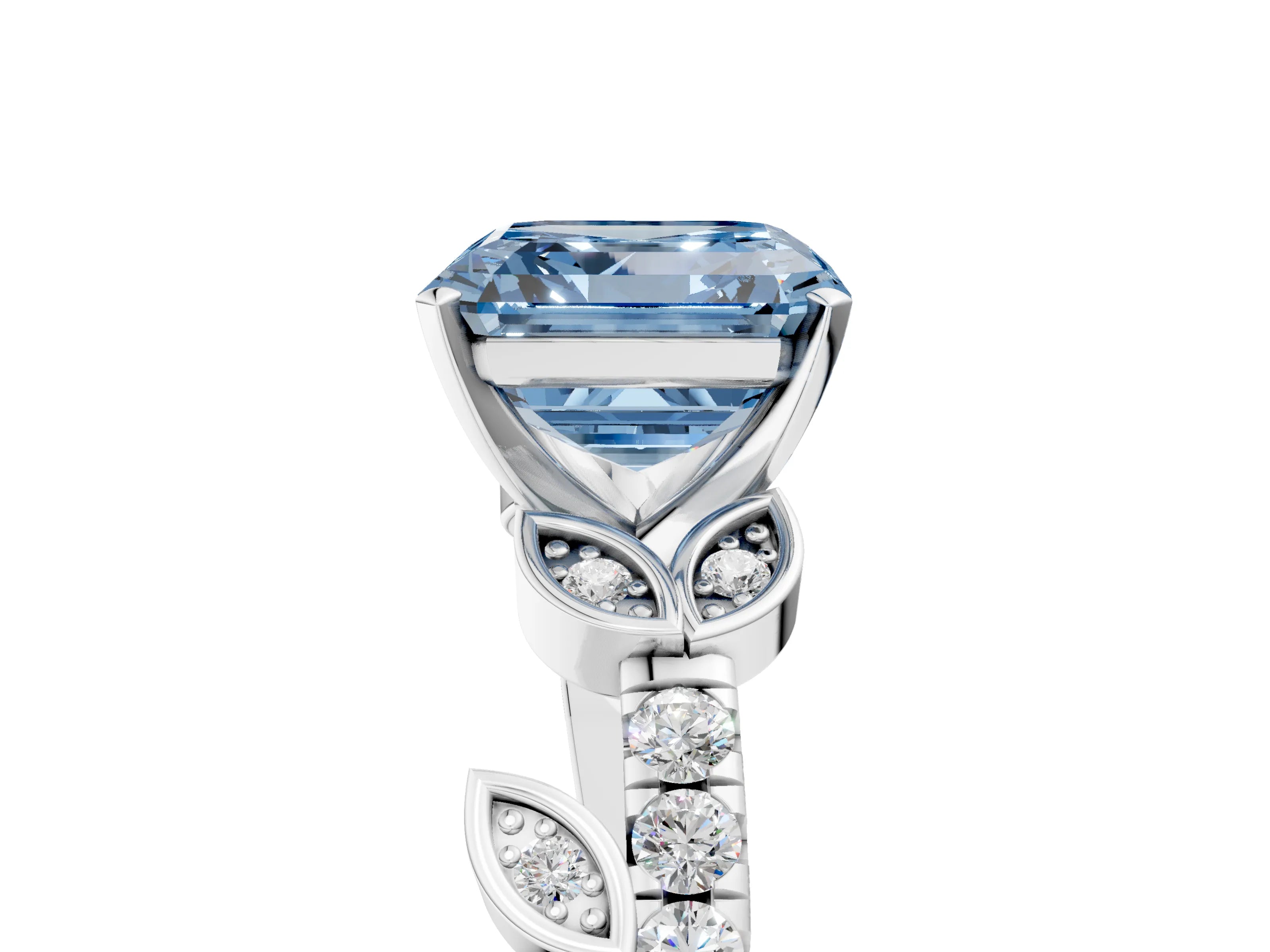 White gold Fancy Blue Asscher Cut Solitaire Leaf-Inspired Diamond Ring with Pavé Band and Four-Prong Setting_17