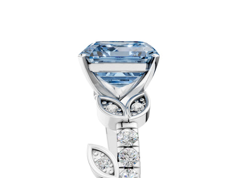White gold Fancy Blue Asscher Cut Solitaire Leaf-Inspired Diamond Ring with Pavé Band and Four-Prong Setting_17