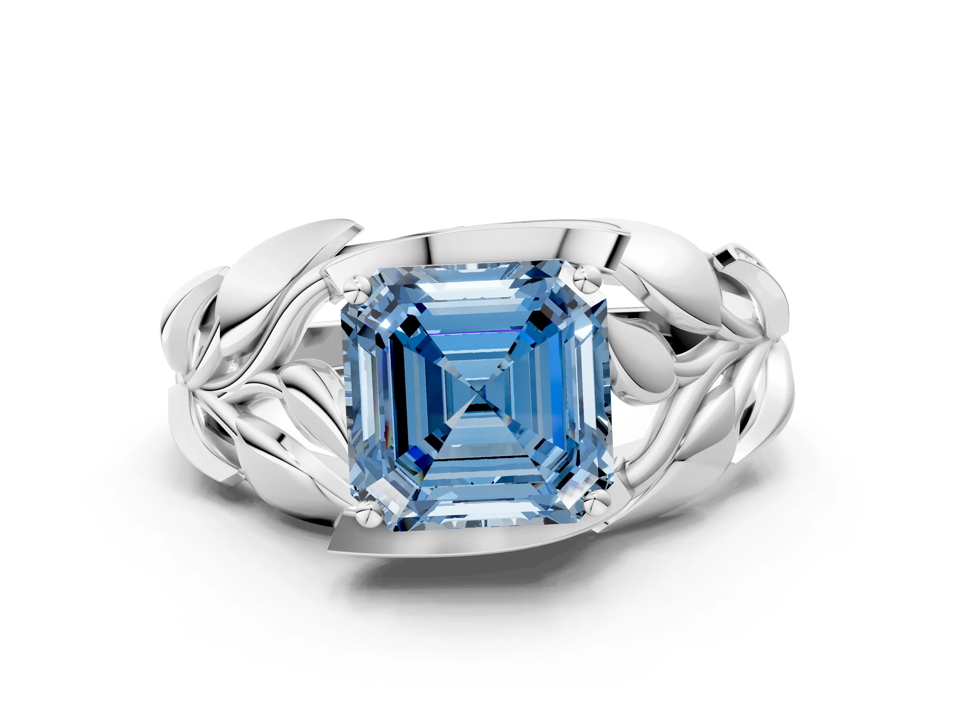 White gold Fancy Blue Asscher Cut Solitaire Leaf-Inspired Engagement Ring with Prong Setting