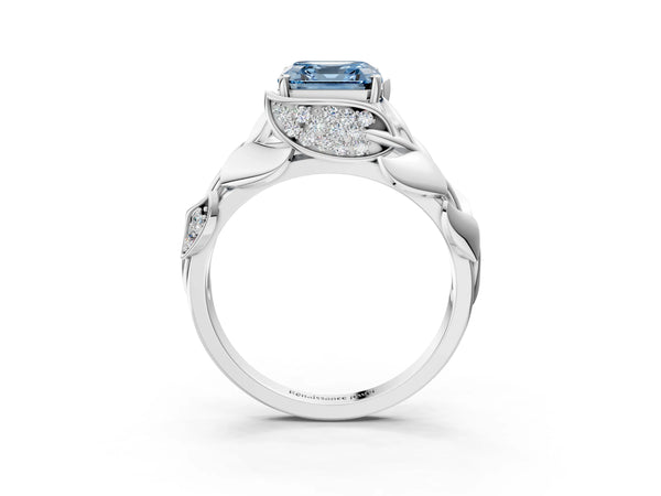 Platinum Asscher Cut Leaf Bypass Engagement Ring Setting for Fancy Blue Center with Pave Leaf Panels