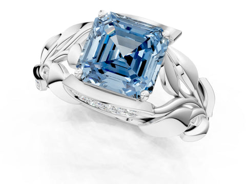 White gold Fancy Blue Asscher Cut Solitaire Leaf-Inspired Engagement Ring with Prong Setting_1