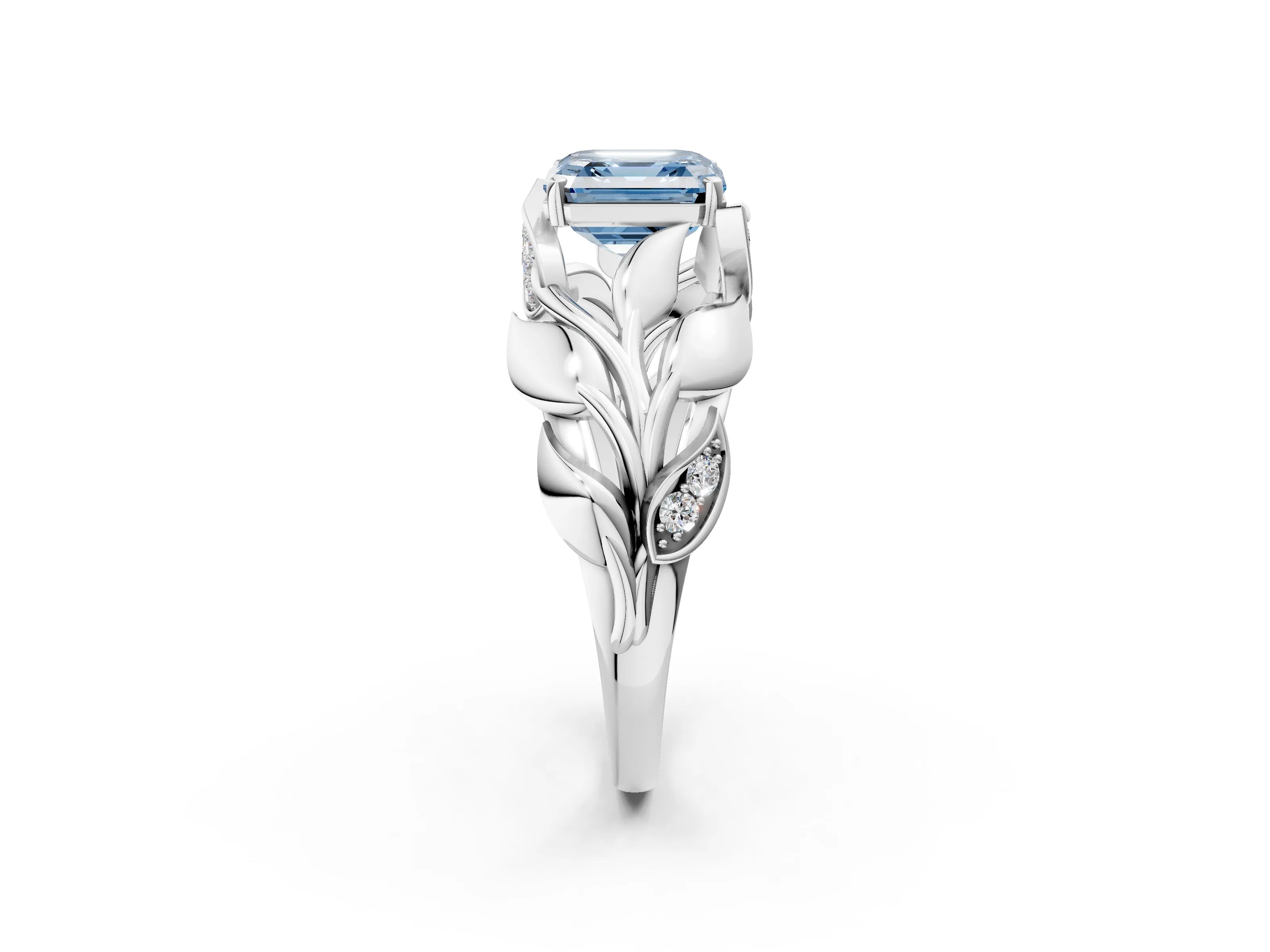White gold Fancy Blue Asscher Cut Solitaire Leaf-Inspired Engagement Ring with Prong Setting_2