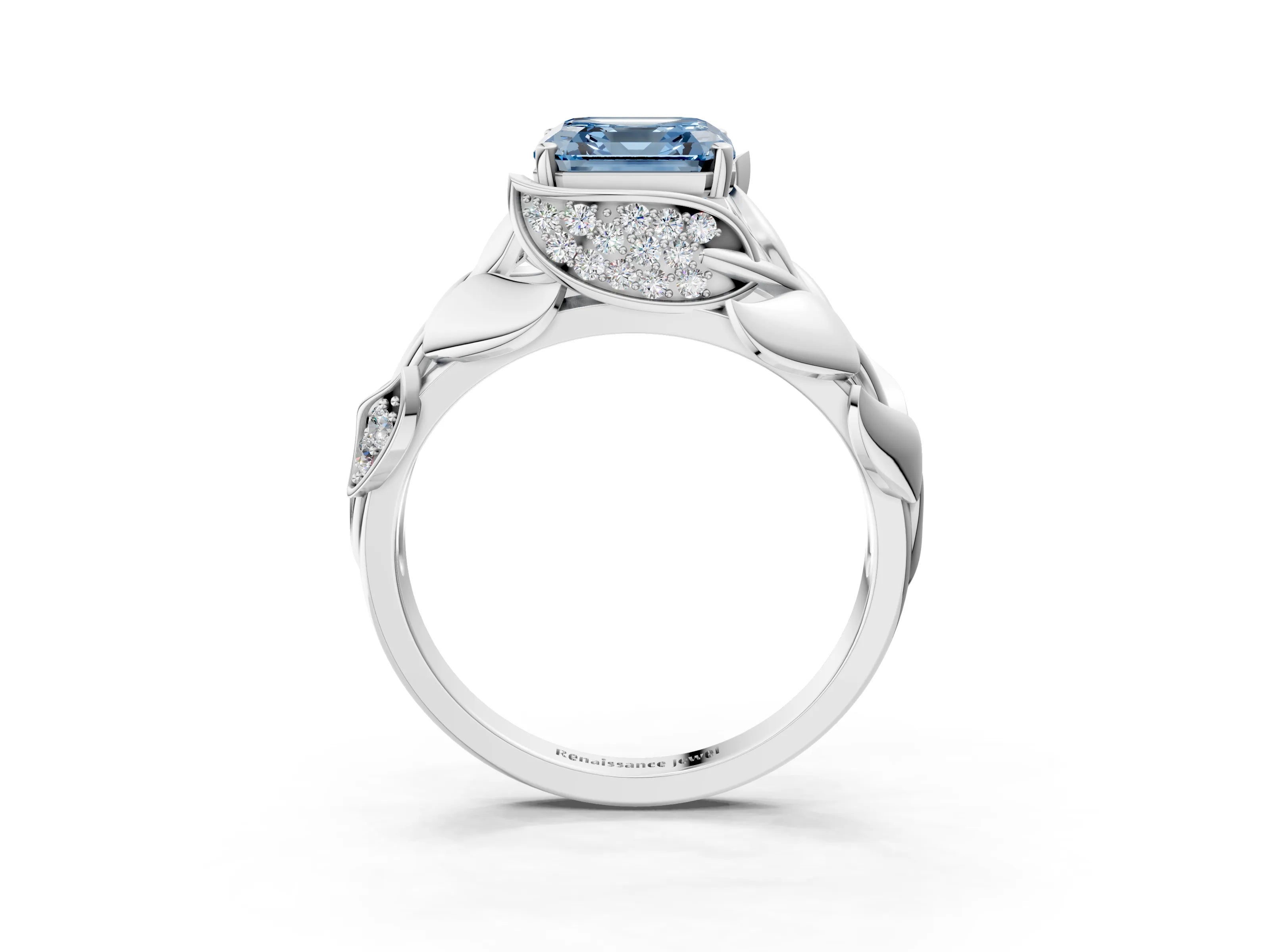 White gold Fancy Blue Asscher Cut Solitaire Leaf-Inspired Engagement Ring with Prong Setting_3