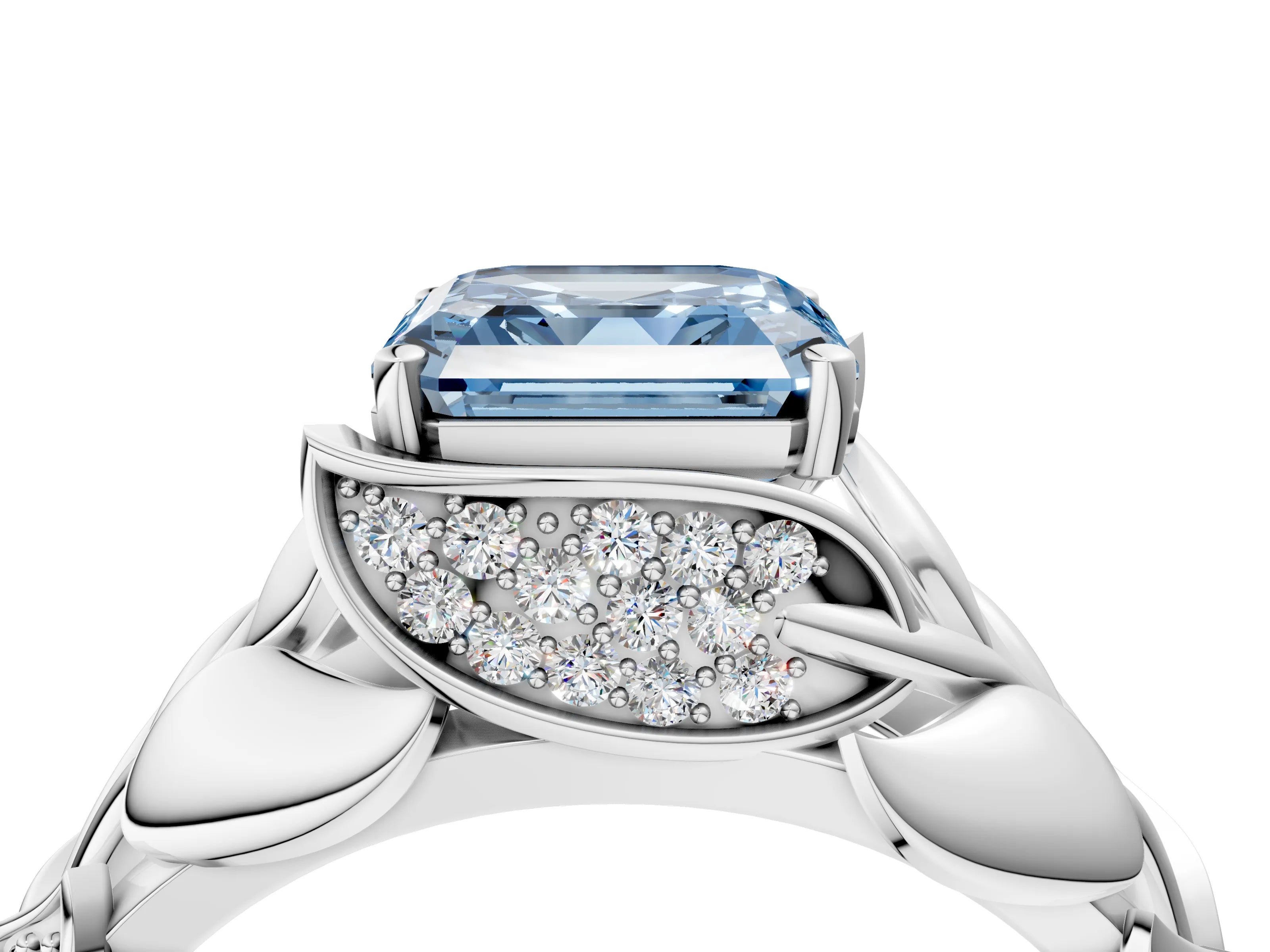 White gold Fancy Blue Asscher Cut Solitaire Leaf-Inspired Engagement Ring with Prong Setting_4