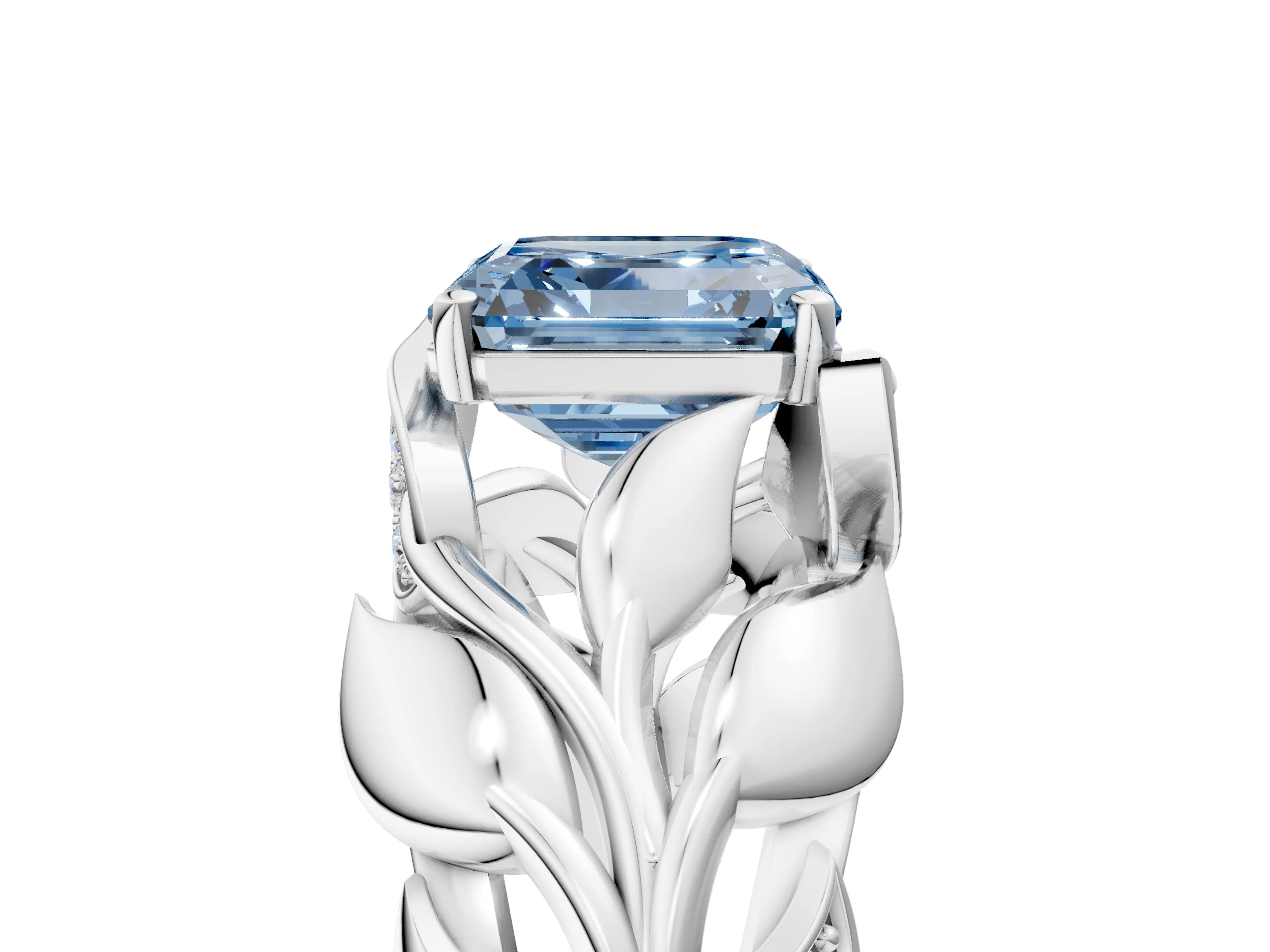 White gold Fancy Blue Asscher Cut Solitaire Leaf-Inspired Engagement Ring with Prong Setting_5