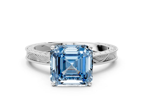 White gold Fancy Blue Asscher Cut Solitaire Milgrain Engraved Band with Four-Prong Setting_12