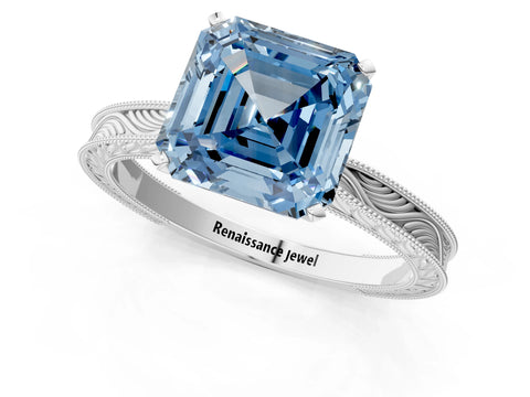 White gold Fancy Blue Asscher Cut Solitaire Milgrain Engraved Band with Four-Prong Setting_13