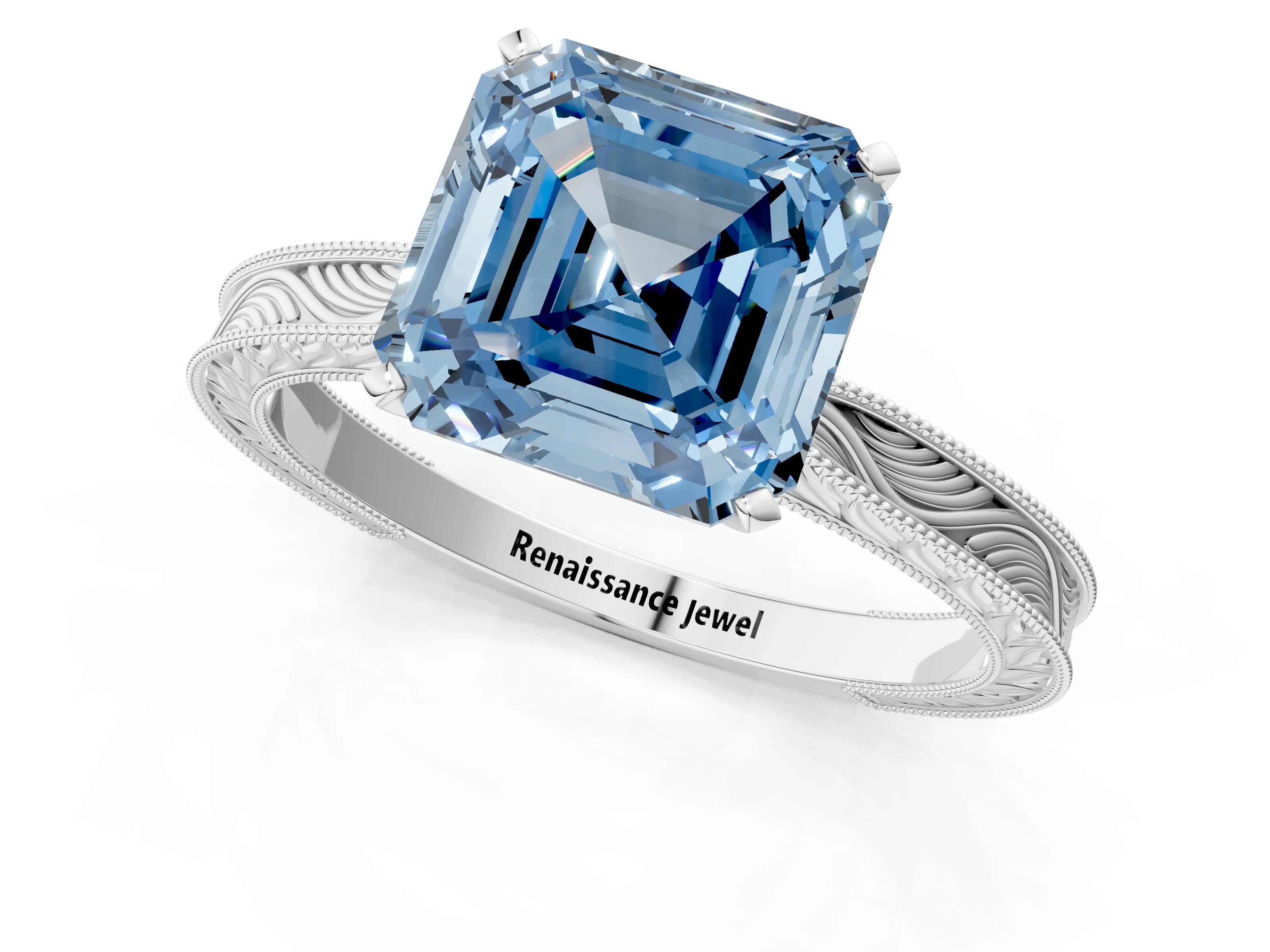 White gold Fancy Blue Asscher Cut Solitaire Milgrain Engraved Band with Four-Prong Setting_13