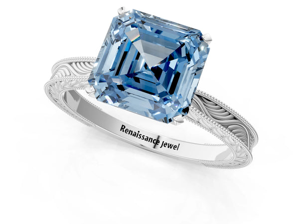 Sterling Silver Asscher Cut Vintage Solitaire Engagement Ring Setting for Fancy Blue Center