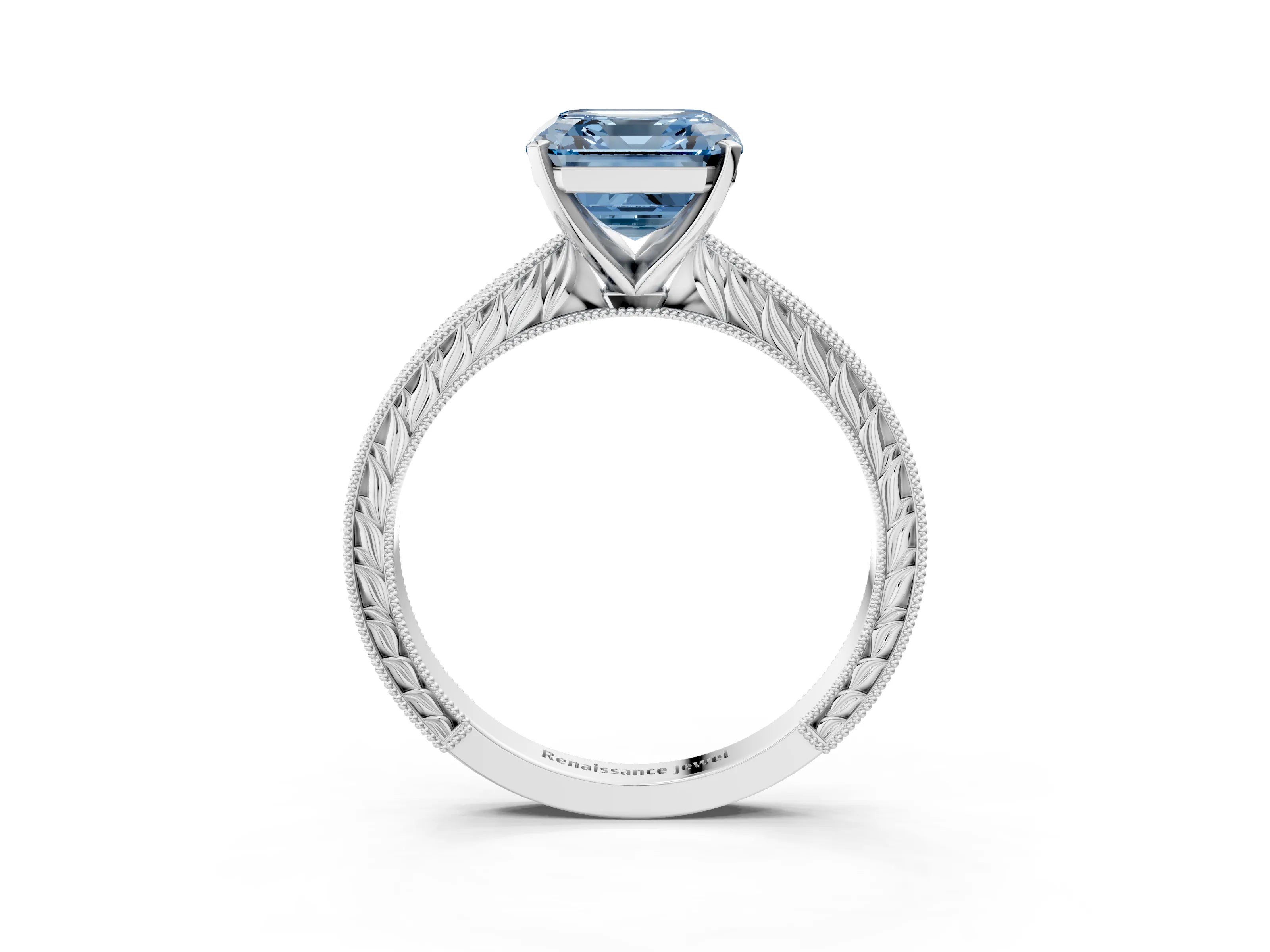 White gold Fancy Blue Asscher Cut Solitaire Milgrain Engraved Band with Four-Prong Setting_15