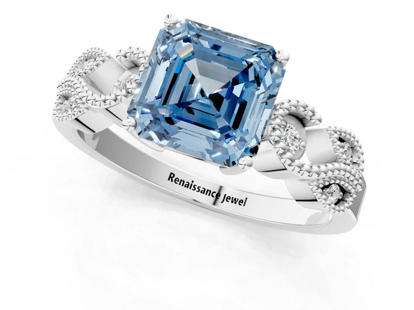 Platinum Asscher Cut Vintage Solitaire Engagement Ring Setting for Fancy Blue Center